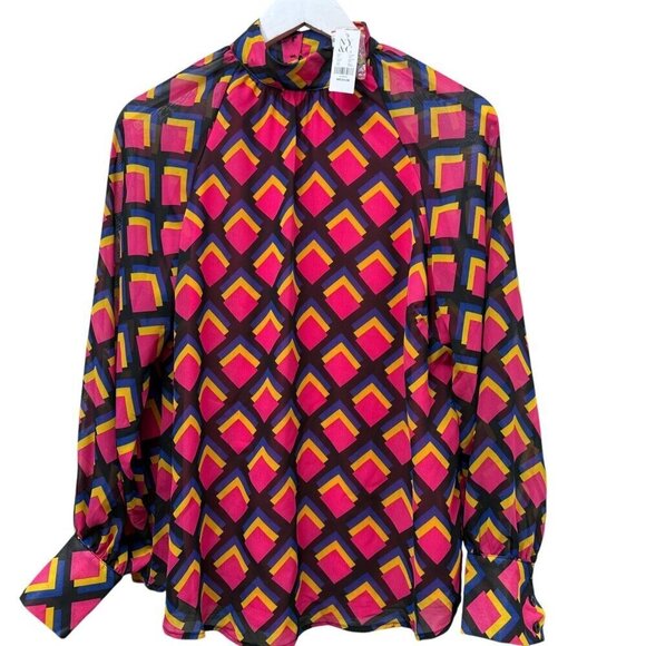 New York & Company Tops - New York & Co. Blouse Size Medium Pink Modern Print Womens Top Long Sleeve NWT